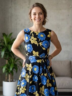 Floral Black Dress with Blue and Yellow Accents by OTEN